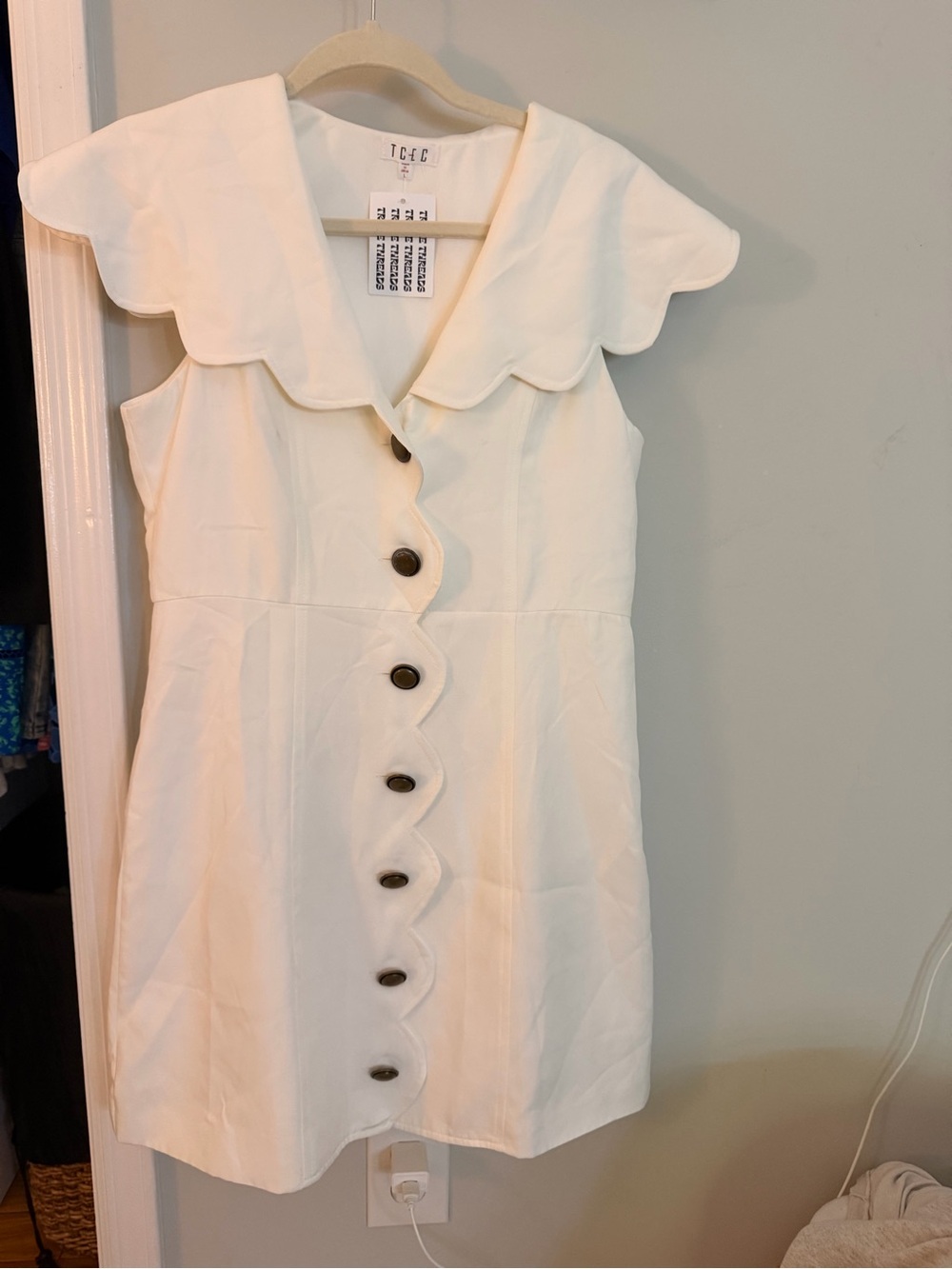 White Scallop Button-Front Dress
